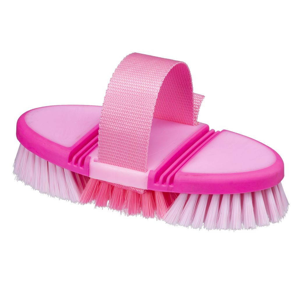 Pink grooming brush with a strap that adjusts
