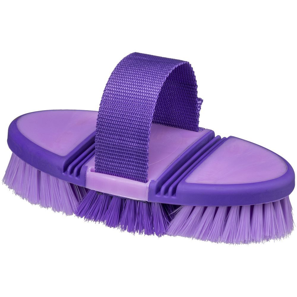 Purple horse brush with a strap that flexes