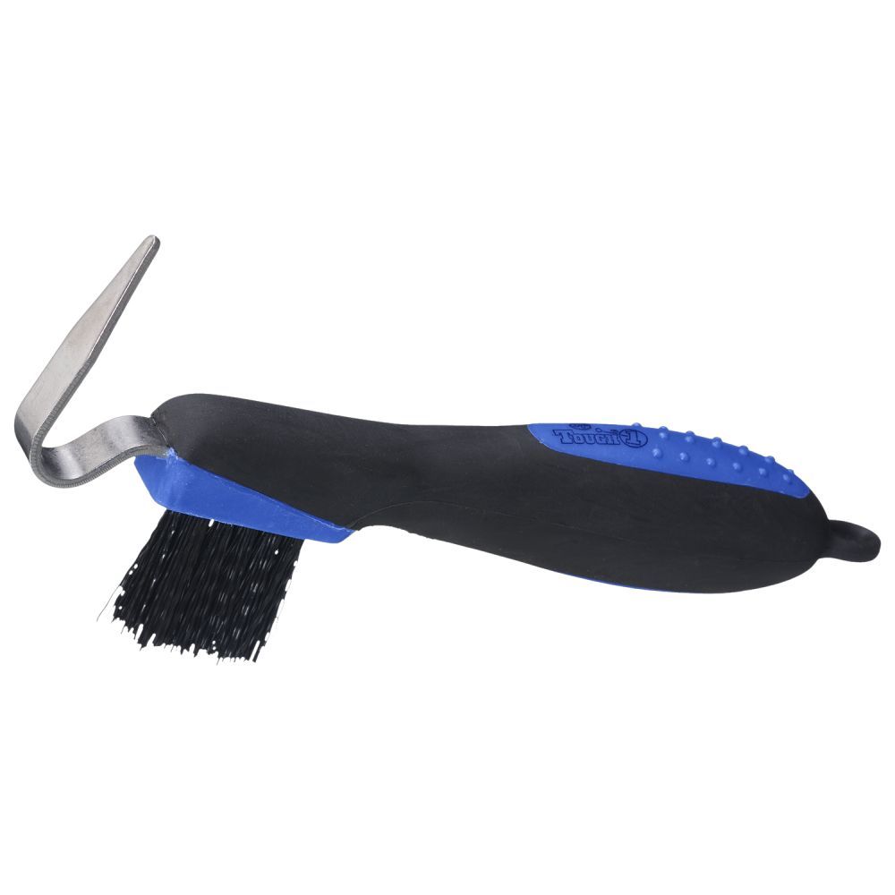 Tough 1 great grip hoof pick with brush that is black with blue color