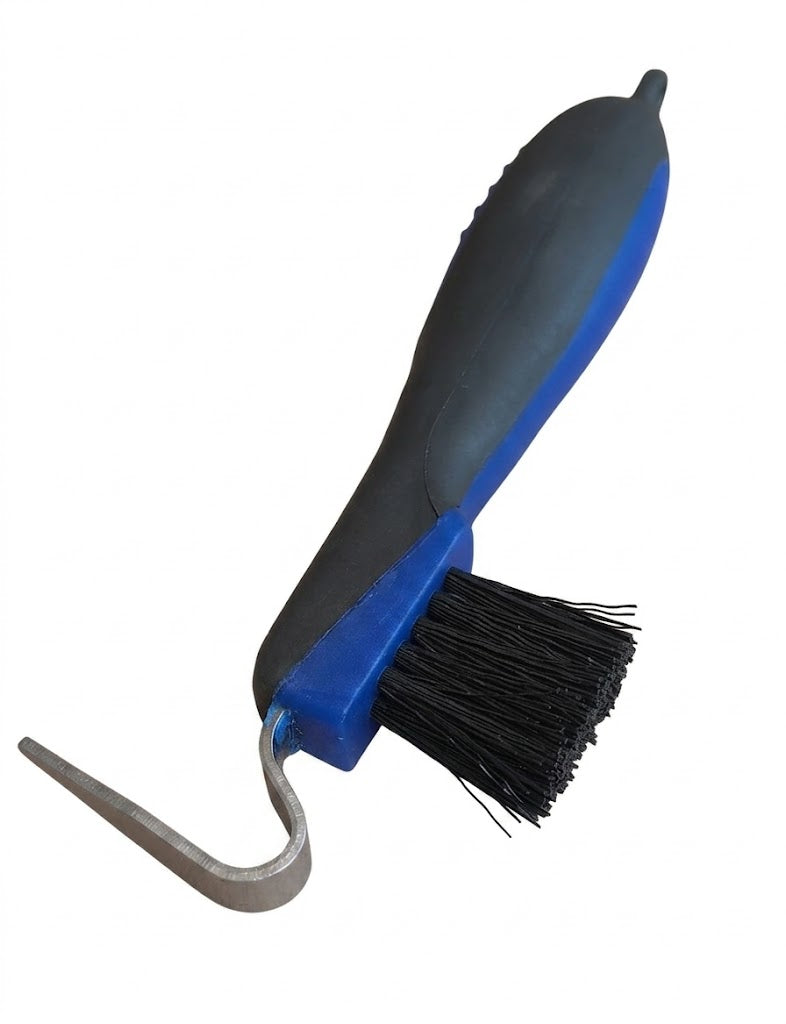 Tough 1 Great Grip hoof pick with brush in blue and black