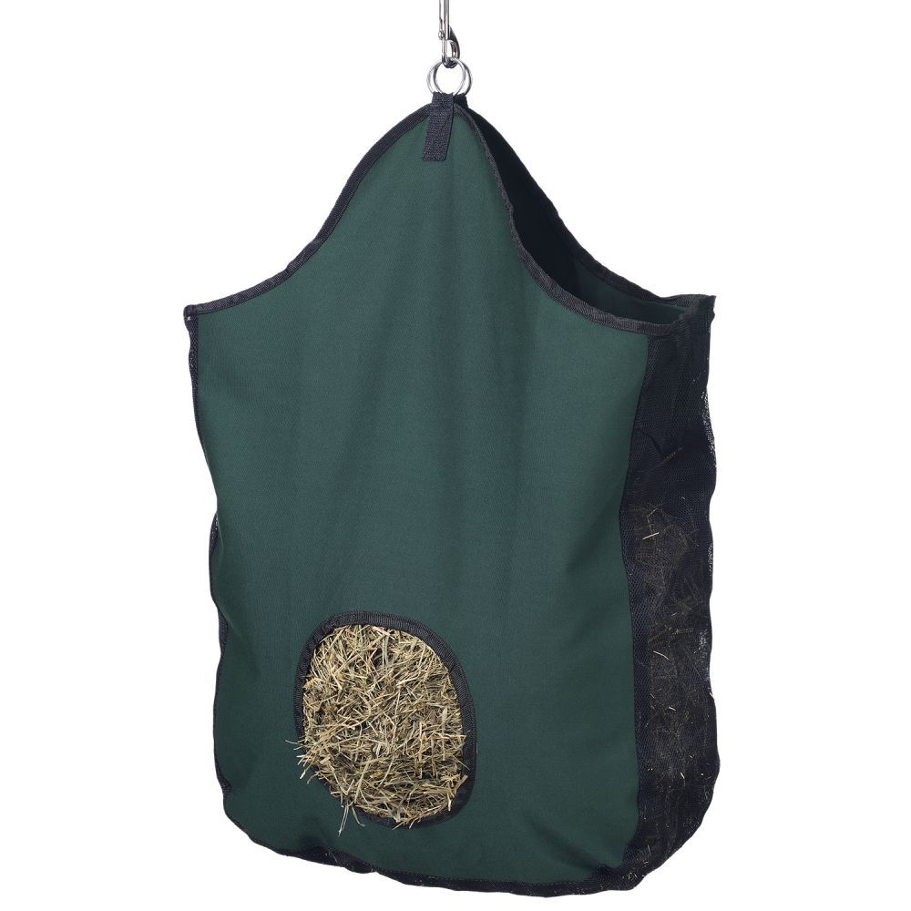 Tough 1 Heavy Duty Canvas Hay Bag in green with black trim shown with hay inside showing out the access hole.