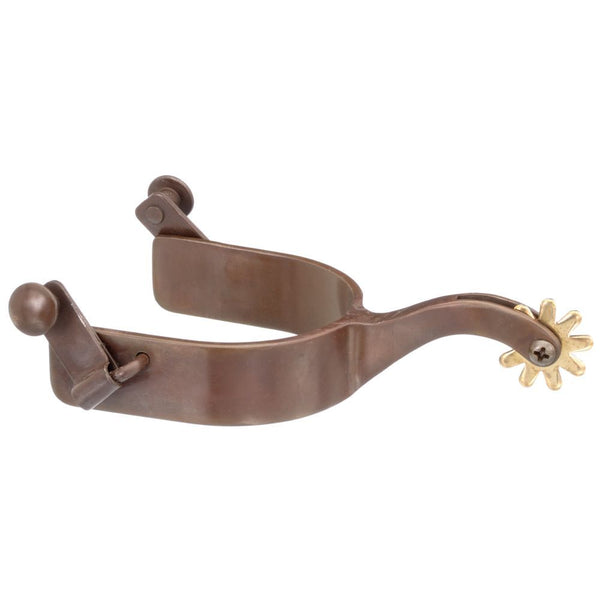 Antique brown spurs with long shank and 9 point rowel