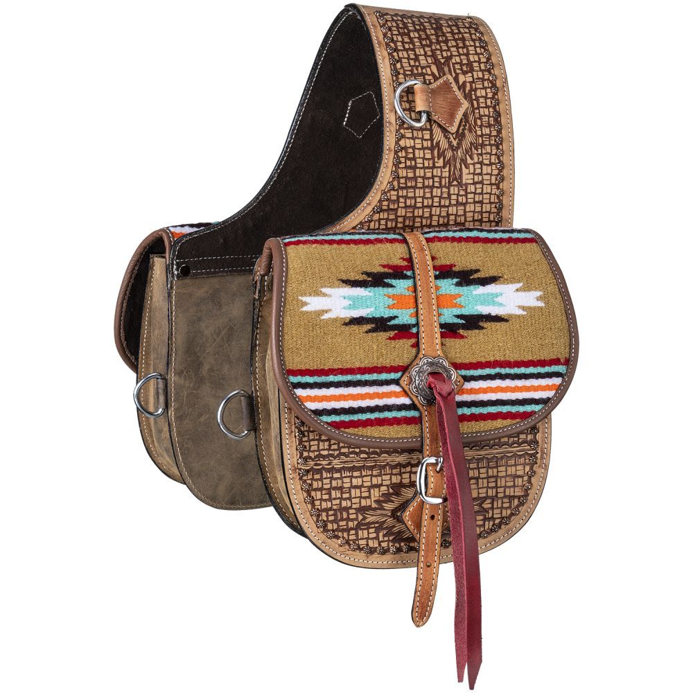 Tough 1 brown leather saddle bag with a hand woven accent on the flap of the saddle bag.