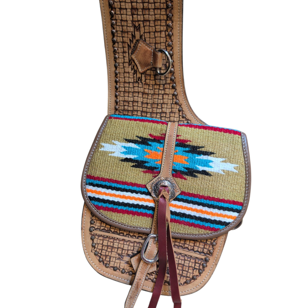 Tough 1 leather saddle bag with a close p shot of the bag showing the accents and colors.