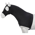 Black lycra stretch hood that covers the horses head and neck snugly. 