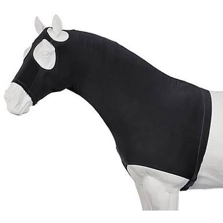 Black lycra stretch hood that covers the horses head and neck snugly. 