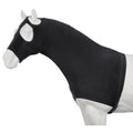 Horse wearing a stretchy hood or slinky on his head and neck that is black in color.