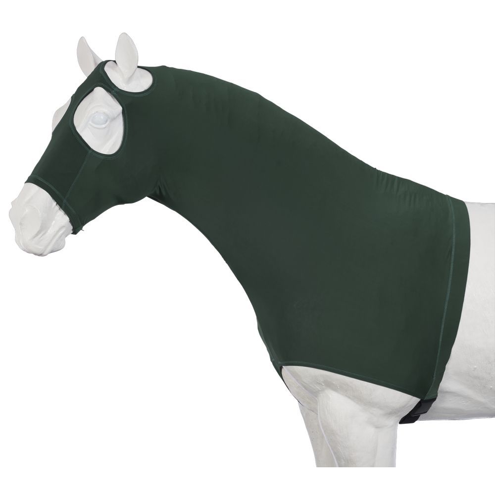 Stretchy lycra hood over the horses face and neck in hunter green color.