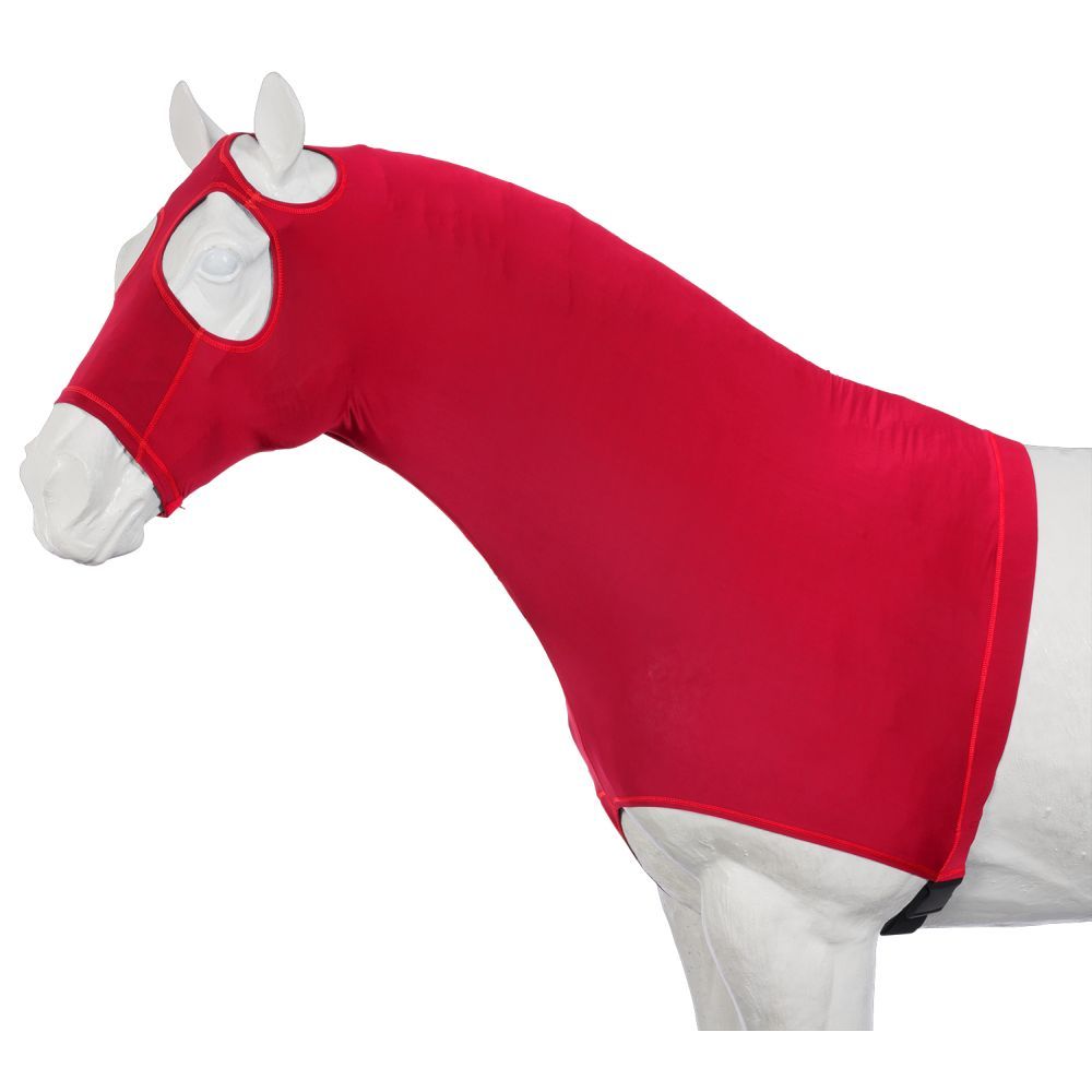 Red stretchy hood that fits snug  and goes over the horses face and neck.