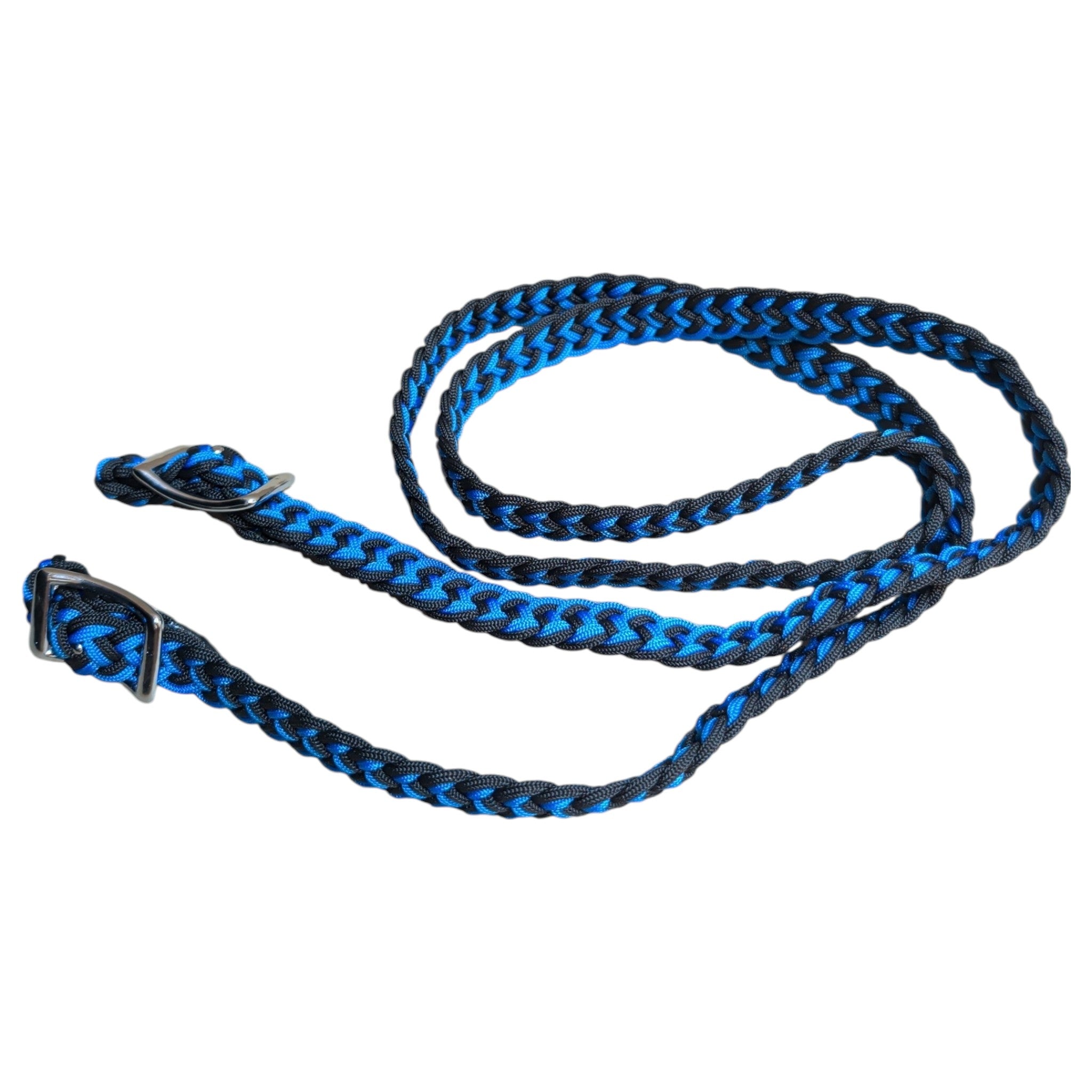 Tough 1 blue and black braided nylon one piece reins with conway buckles on each end.