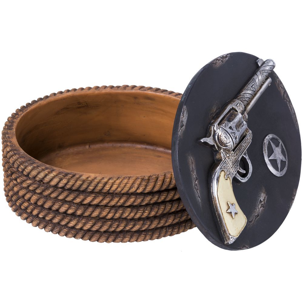 Trinket box shown with the lid off. The lid has a pistol and a star on it. The box is round and has a rope look.