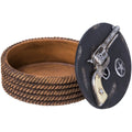 Trinket box shown with the lid off. The lid has a pistol and a star on it. The box is round and has a rope look.