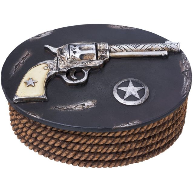 Resin trinket box with pistol and star on the lid and a rope looking box.