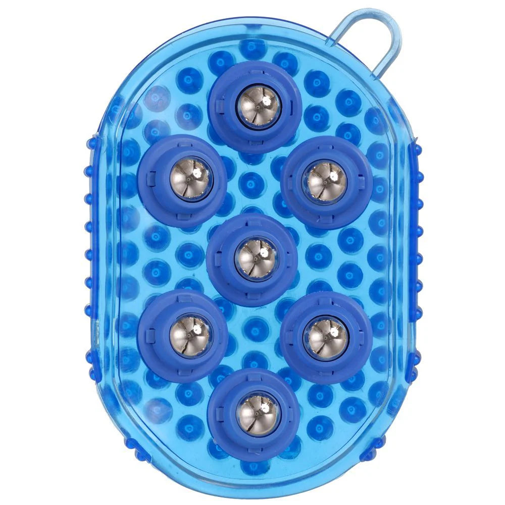 Tough 1 rubber jelly massage groomer showing the magnetic balls in blue