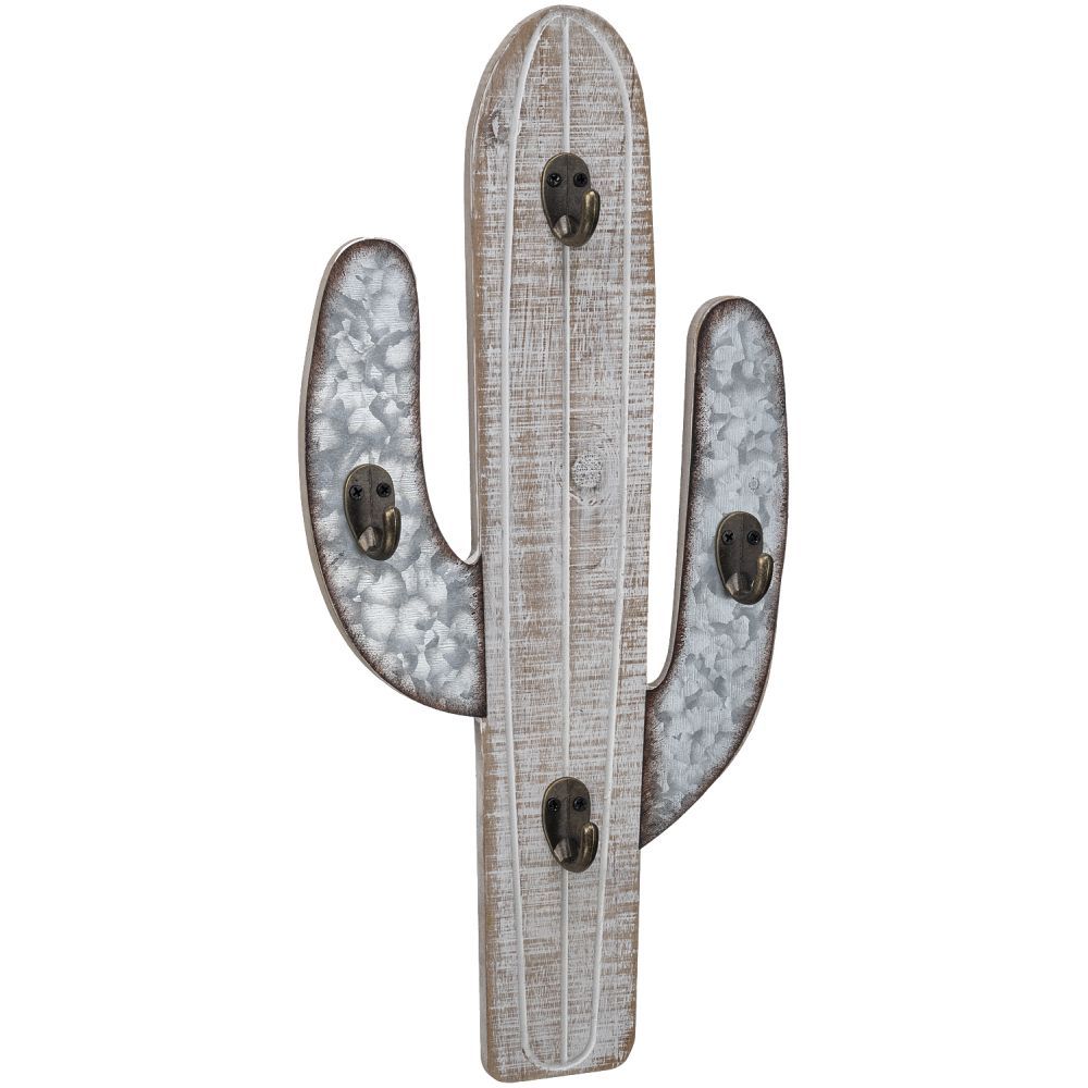 Cactus shaped wall hanging that has hooks.