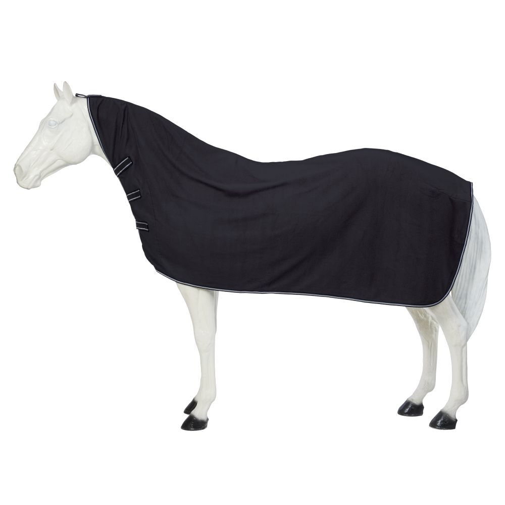 Softfleece contour horse cooler black in color on a white horse. 