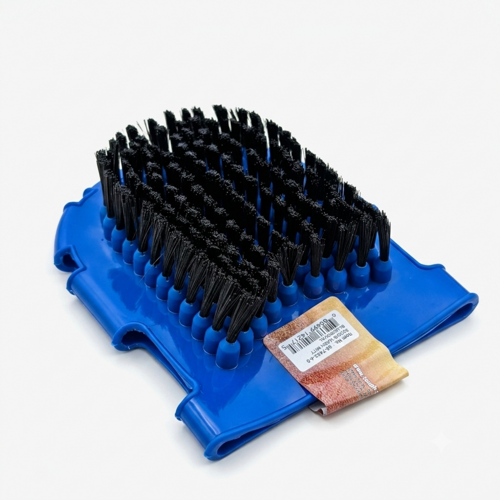 Tough 1 Blue rubber wash mitt for horse that has black bristles