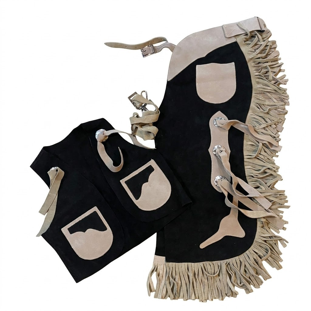 Tough 1 genuine split leather kid's vest and chap set in black with gray accents with a longhorn cutout on the bottom of the chaps