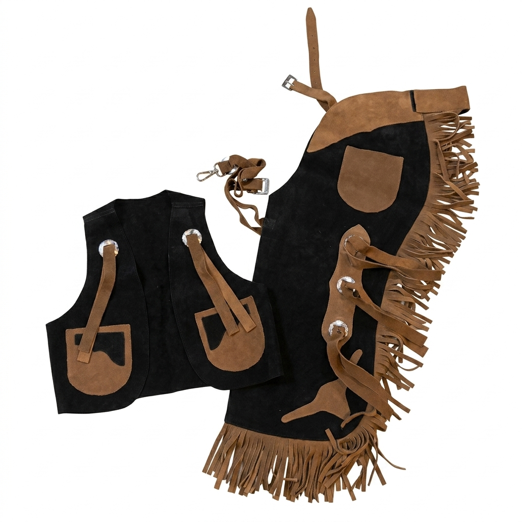Tough 1 genuine leather kid's vest and chap set in black with brown accents with a longhorn cutout on the bottom of the chaps