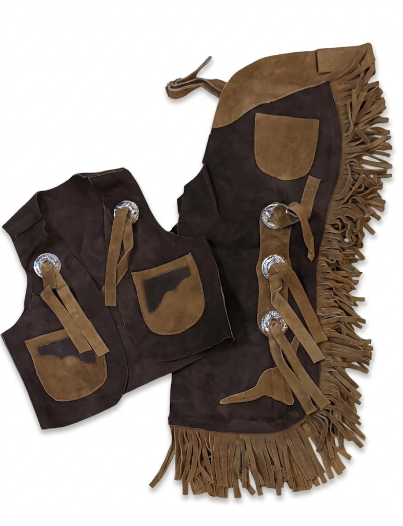 Tough 1 genuine leather kid's vest and chap set in brown with brown accents with a longhorn cutout on the bottom of the chaps