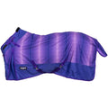 A purple horse blanket with a chevron pattern on the upper half and a solid dark purple lower half, featuring adjustable straps and a small 'rough1' brand patch.