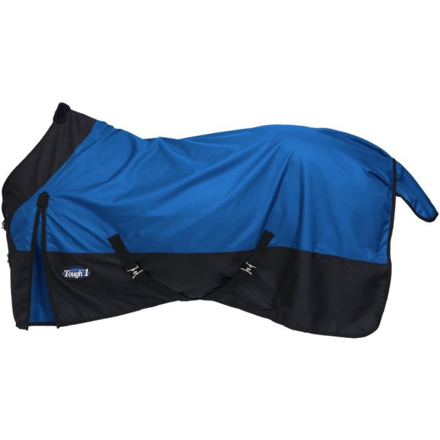 Tough1 1200D waterproof horse turnout sheet in royal blue and black with double buckle front closures and shoulder gussets.
