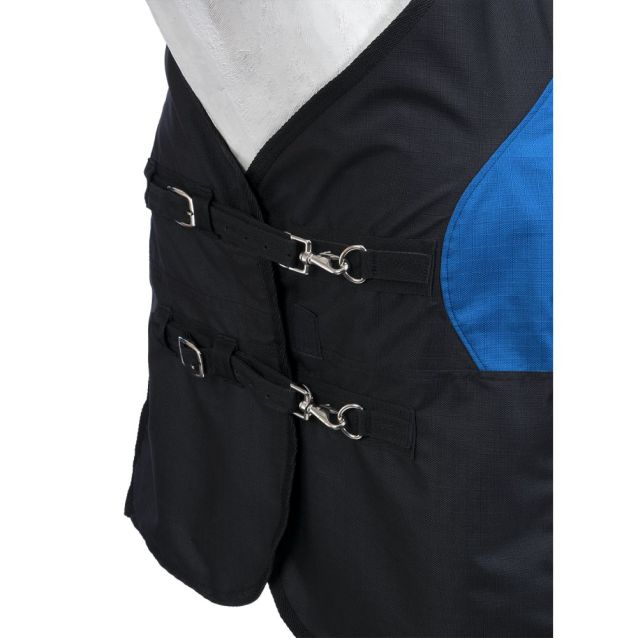 Close-up of Tough1 turnout sheet double buckle front closures with removable metal snaps and Quick Grip security tab.