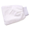 White fleece grooming applicator with elastic band. 
