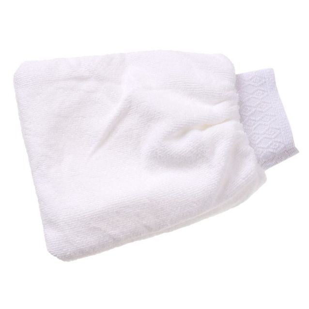 White fleece grooming applicator with elastic band. 