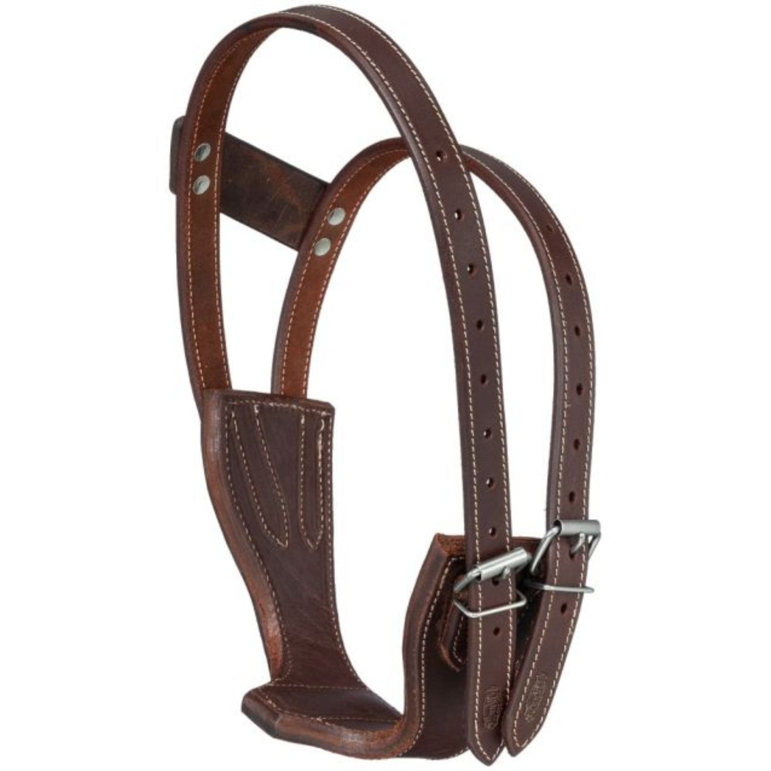 Close-up of a Tough 1 horse cribbing collar made of dark oiled harness leather, featuring an anatomically contoured jaw piece, secure stitching, and two adjustable silver roller buckles