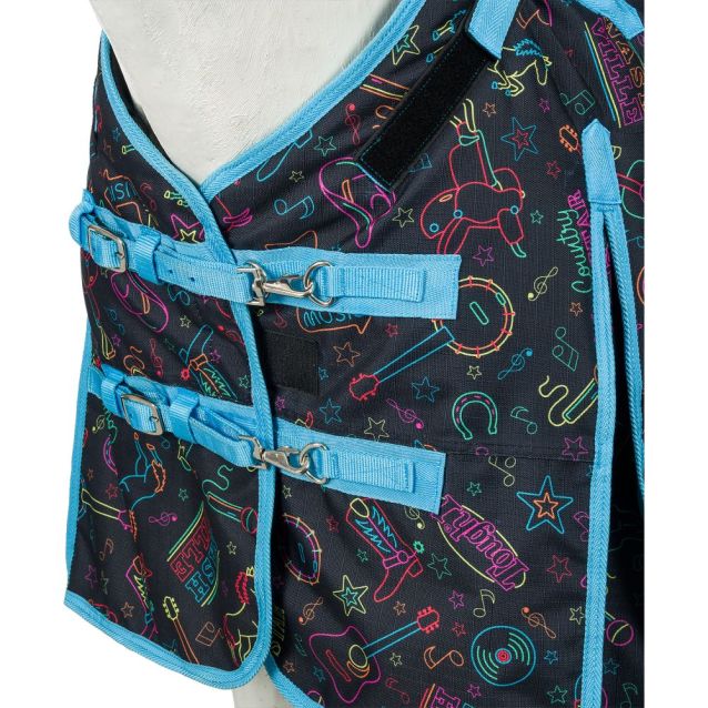 Close-up of double-buckle front chest closures with metal trigger snaps and teal trim on Tough1 Nashville Nights turnout sheet