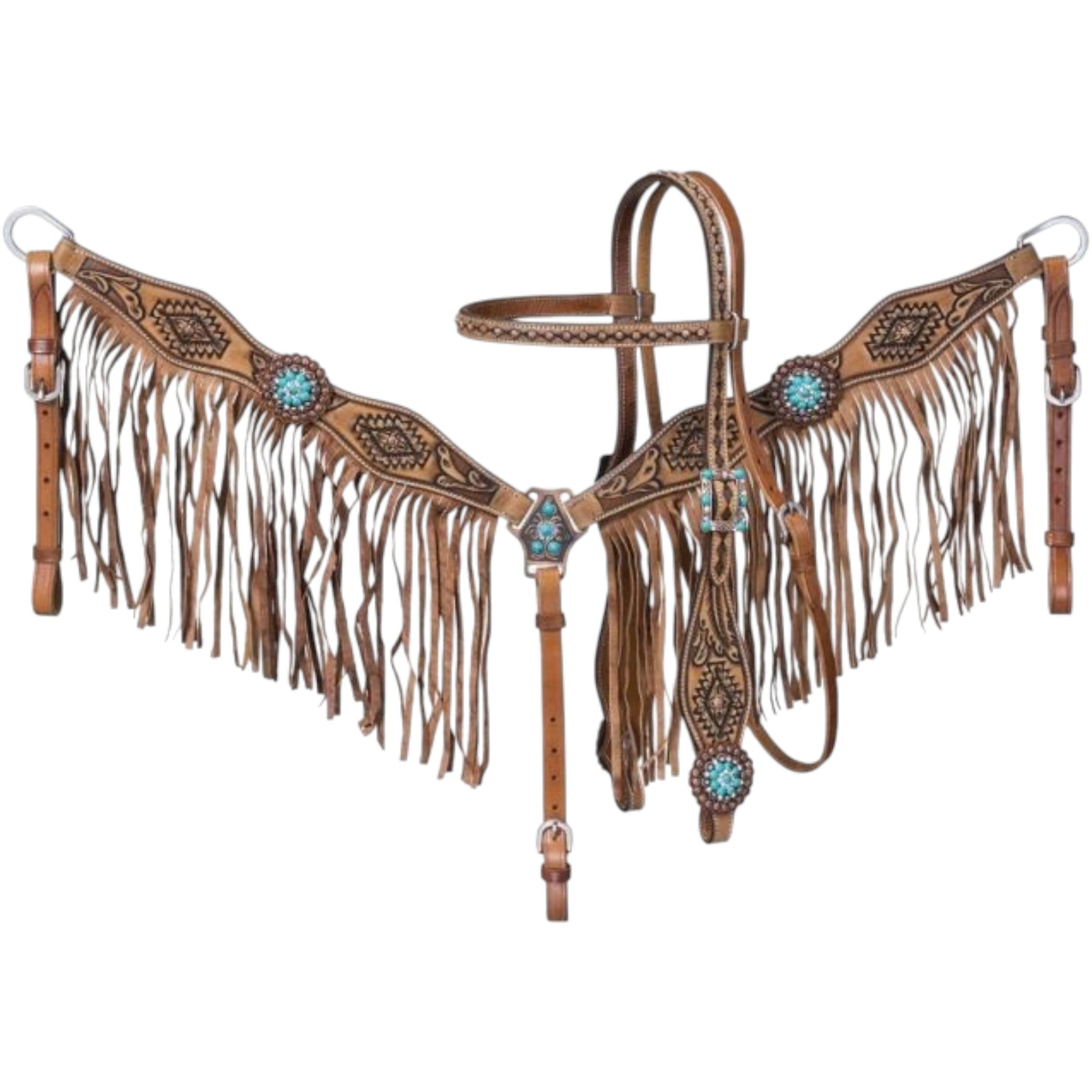 A medium-brown leather western headstall and breastcollar set featuring intricate Navajo-inspired geometric tooling and small copper dot borders. 