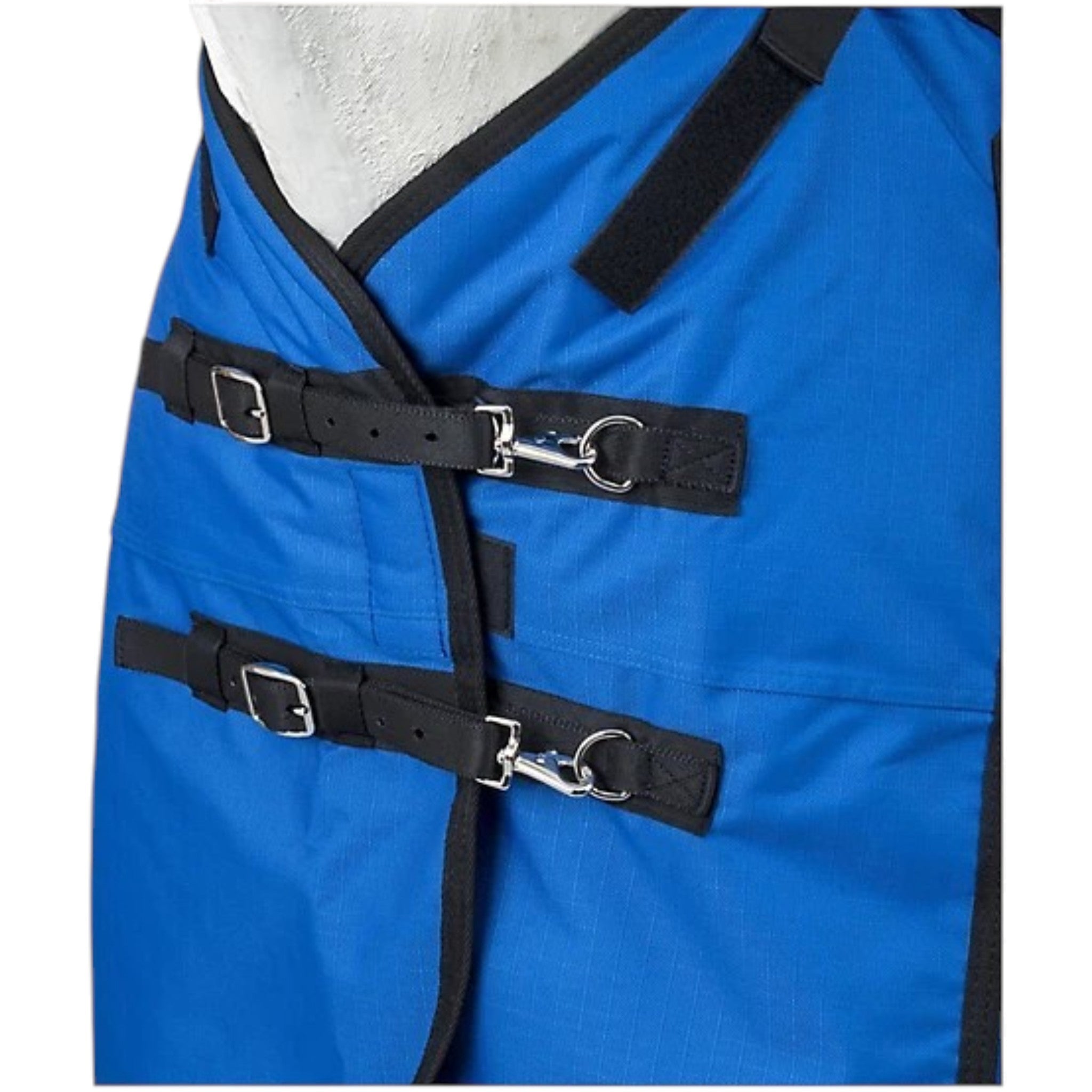 Front view of blue snuggit waterproof turnout blanket. 