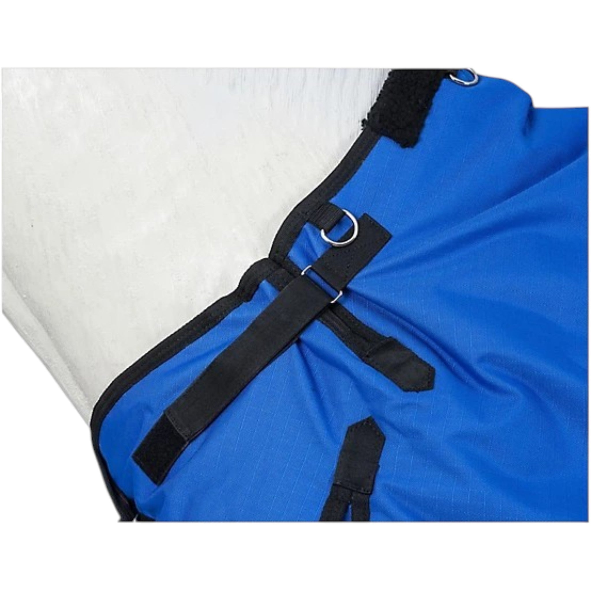 Close-up of a blue waterproof blanket with black snuggit straps, buckles, and velcro fasteners.