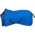 A bright blue horse blanket with black trim and straps, featuring a small white tough 1 patch. 