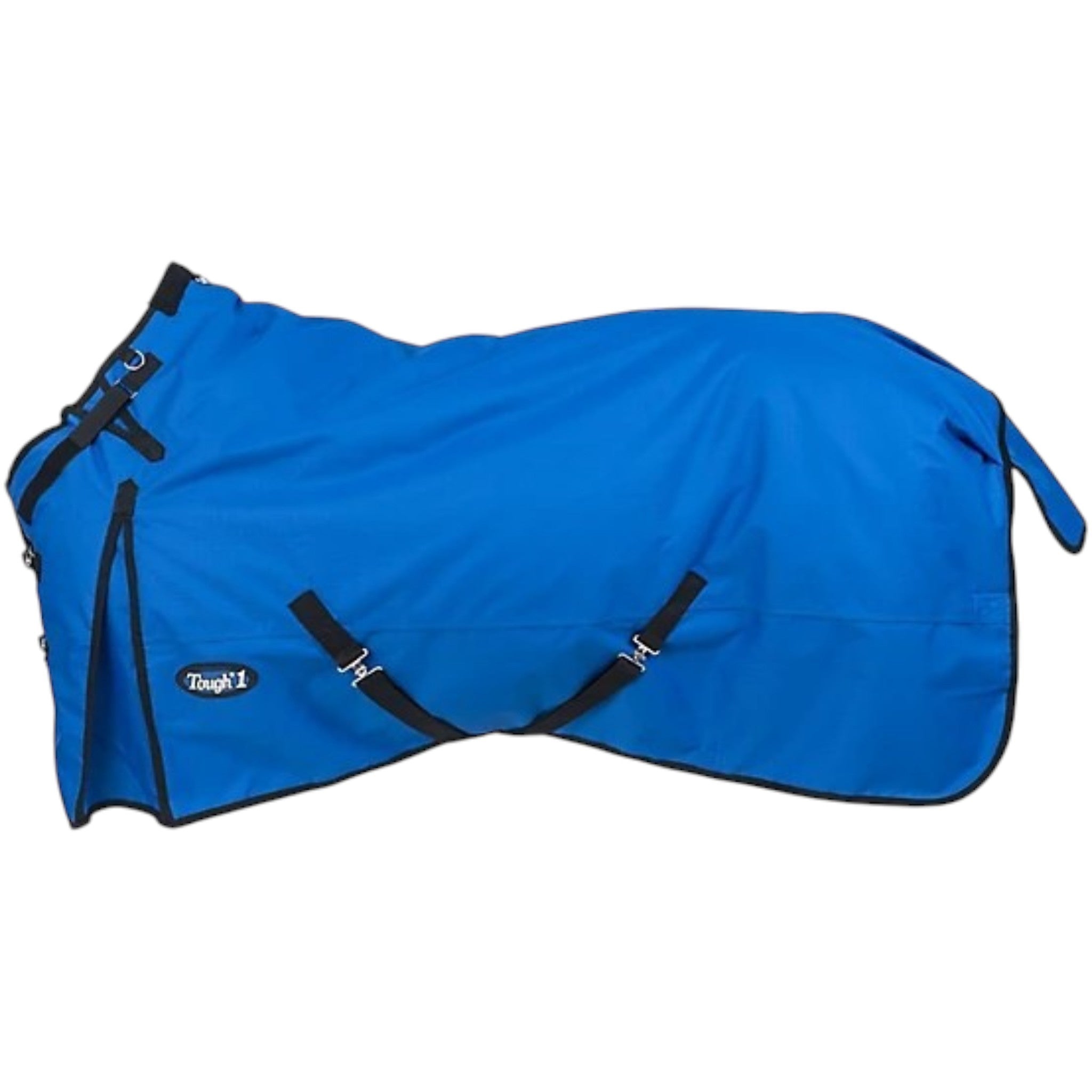 A bright blue horse blanket with black trim and straps, featuring a small white tough 1 patch. 