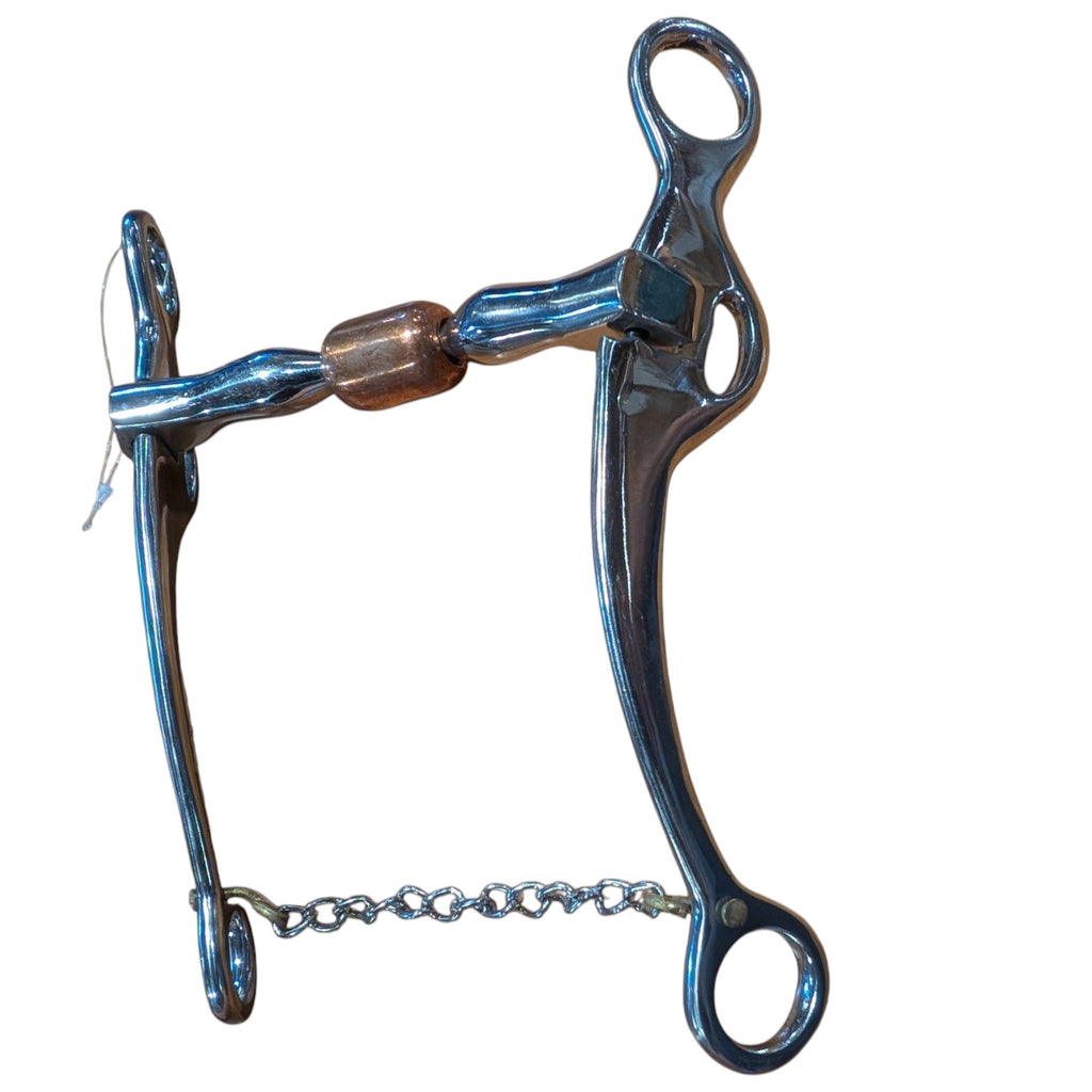 Polished metal Trammel Billy Allen reining bit with a copper center roller mouthpiece, long curved shanks, and attached curb chain.
