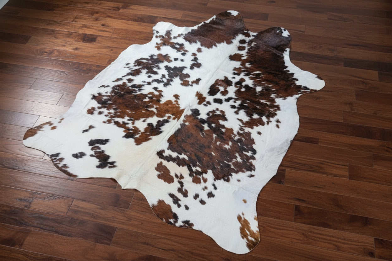 Brown and white cowhide rug on a wood floor