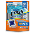 Ultra Fresh 10X Platinum Laundry Detergent Pacs Original Blue retail packaging container, highlighting the 10X concentrated cleaning power and HE compatibility.