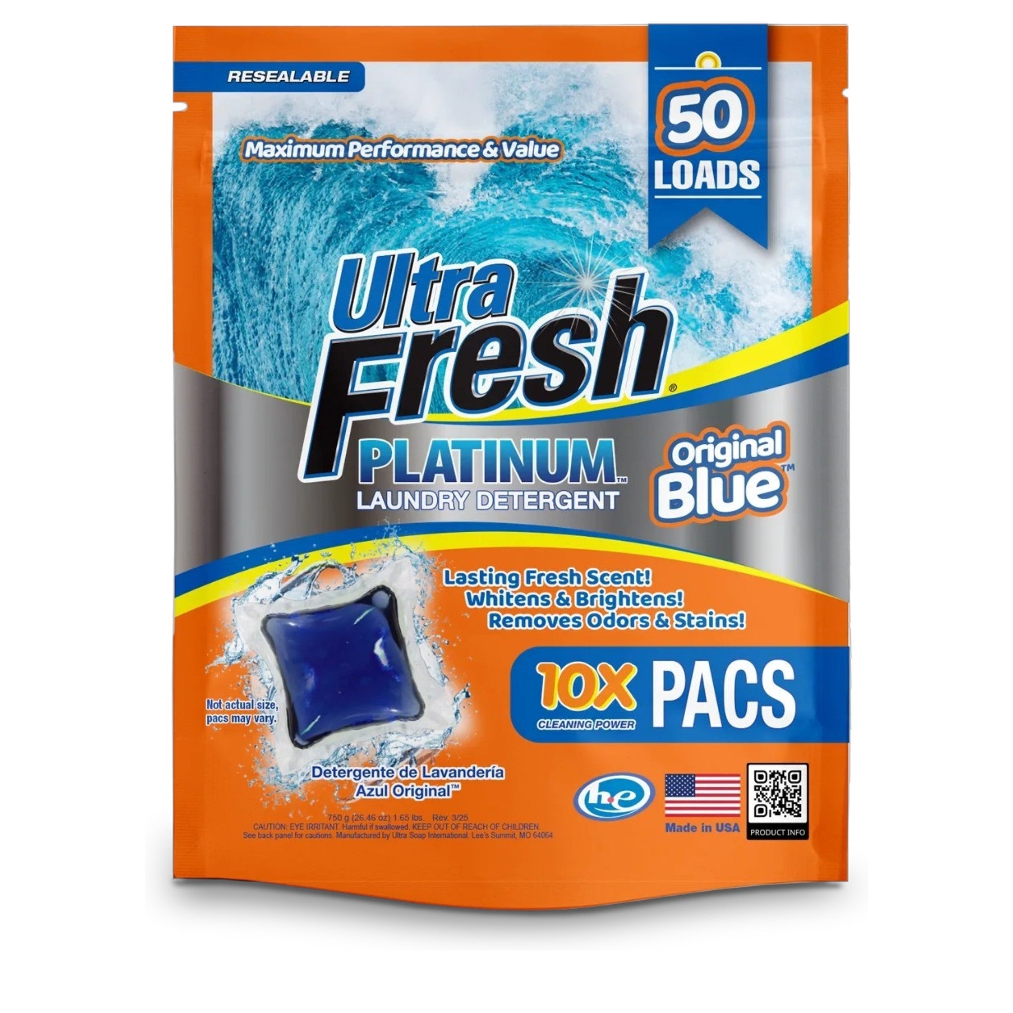 Ultra Fresh 10X Platinum Laundry Detergent Pacs Original Blue retail packaging container, highlighting the 10X concentrated cleaning power and HE compatibility.