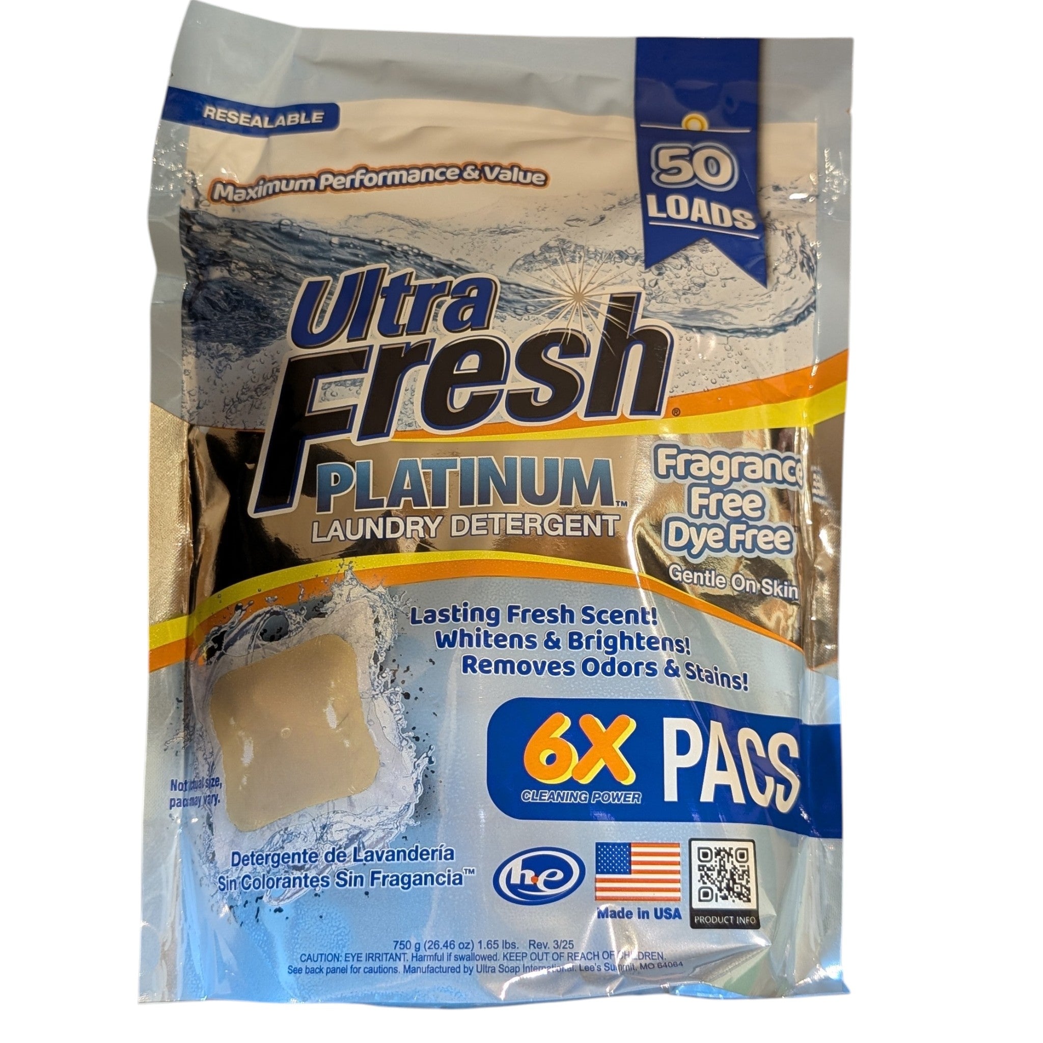 Ultra Fresh 6X Platinum Laundry Detergent Pacs 50-count retail packaging bag, highlighting the fragrance-free, dye-free formula and 6X concentrated cleaning power.