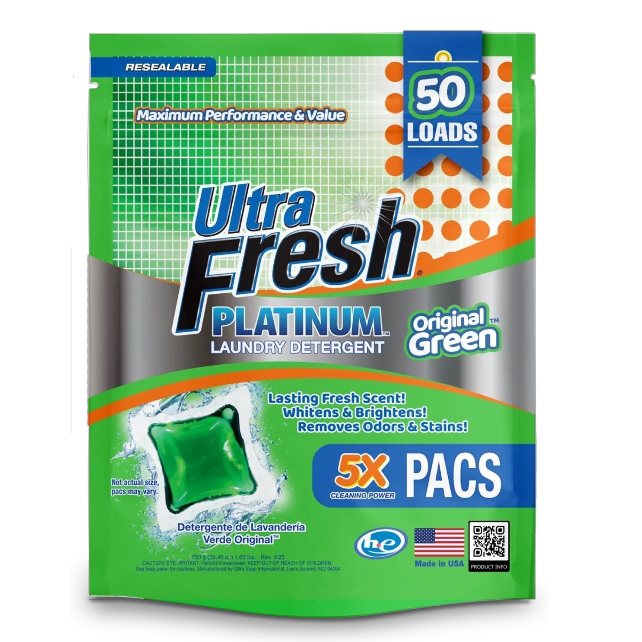 Green and blue pouch of Ultra Fresh 5X Platinum Laundry Detergent Pacs in Original Green scent.