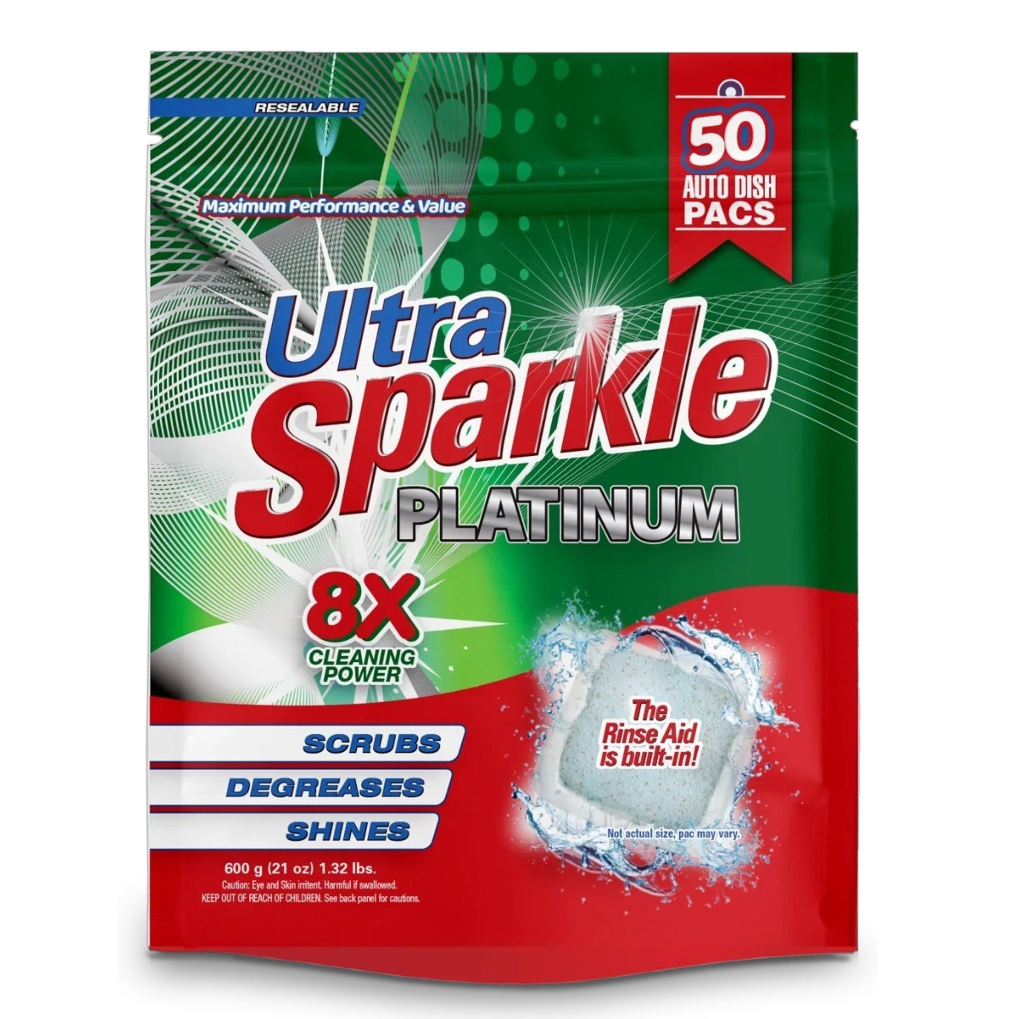 Ultra Sparkle Platinum 8X Auto Dish Pacs – 50 Count Dishwasher Detergent Pods