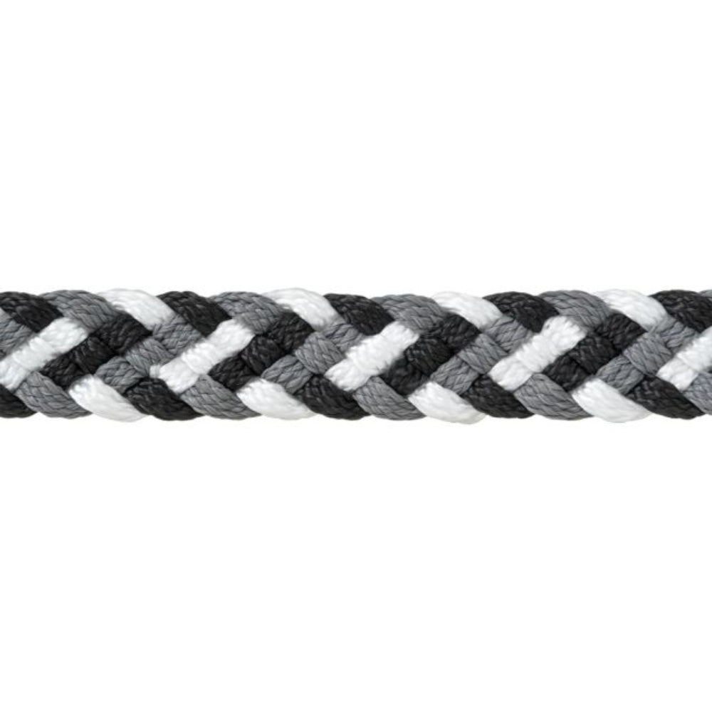 Close-up detail of Tough1 hand-braided poly loop rein in a black, grey, and white weave pattern.