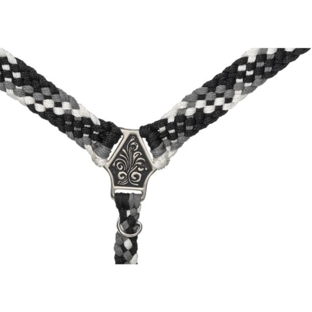 Close-up of Tough1 western breast collar showing black, grey, and white braided poly pattern and engraved center heart plate.