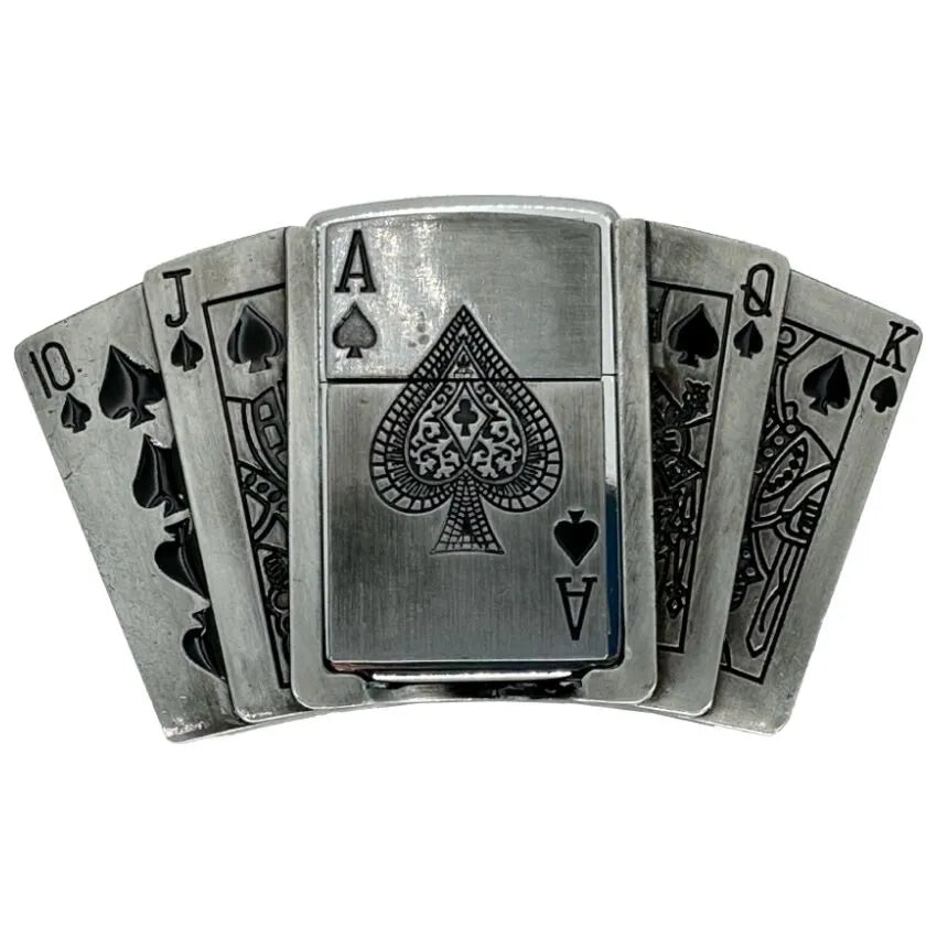 belt buckle with player cards and has a removeable lighter
