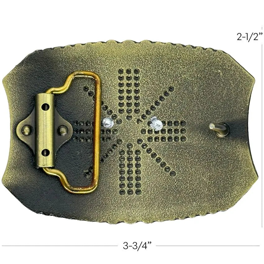 Back view of antique bronze Western belt buckle showing belt loop and pin hardware with dimension markings of 3-3/4 inches wide by 2-1/2 inches high.
