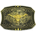 Vintage Western belt buckle featuring a raised gold longhorn head centered on an antique bronze floral engraved background with beaded edge trim.