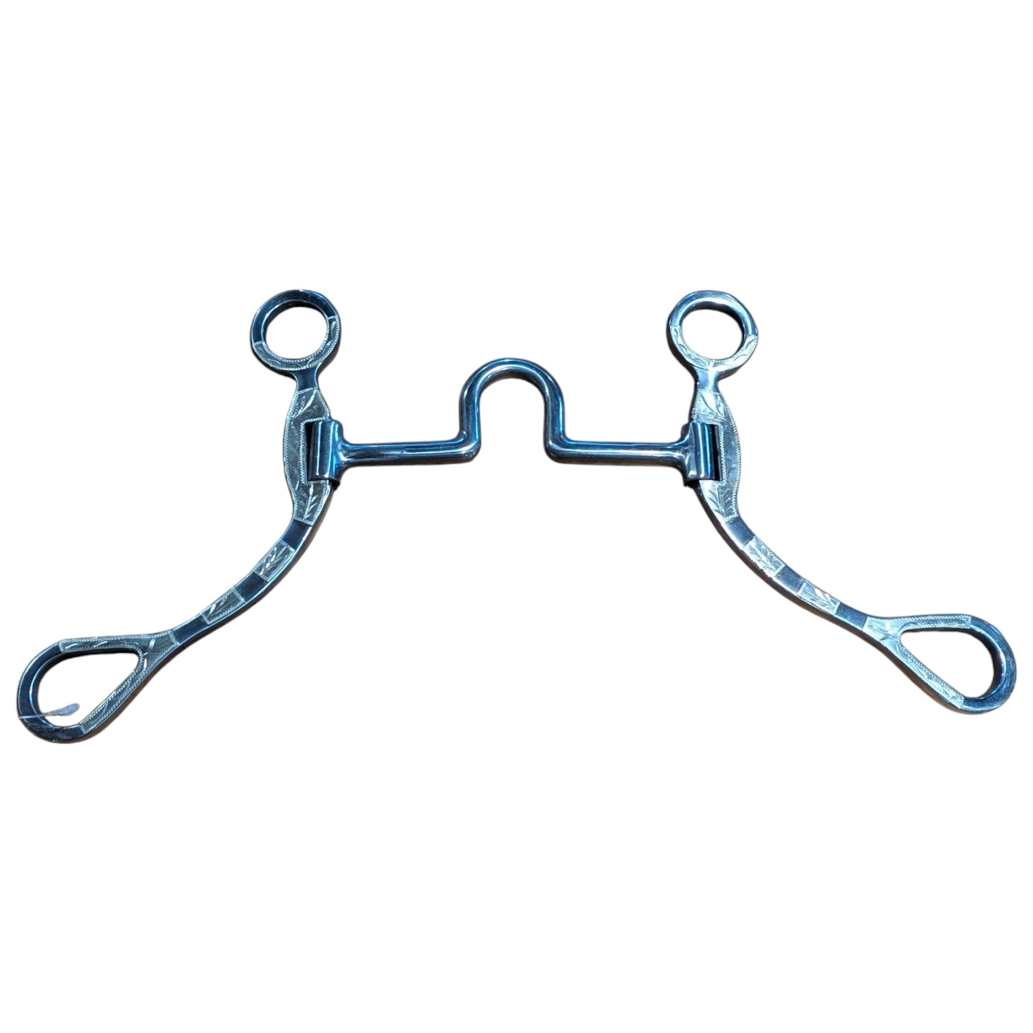 Western horse port bit with 5 inch mouth, 1.5 inch port, silver tooled 8 inch curved shanks