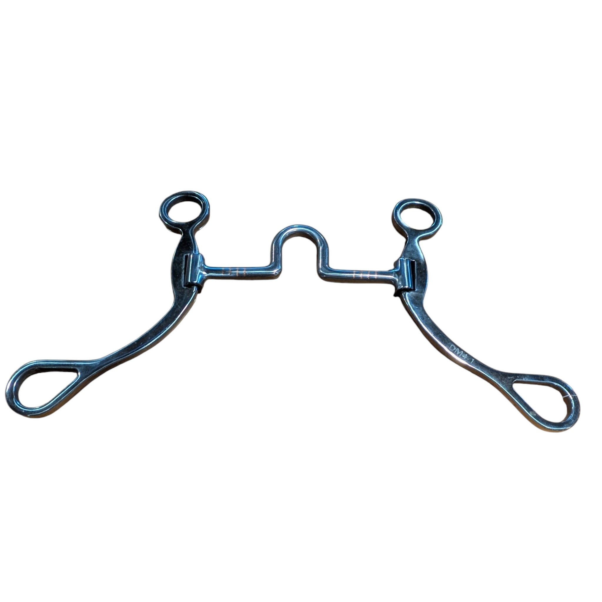 Back view of Western port horse bit with 5 inch mouth and 8 inch curved shanks marked DM4-1